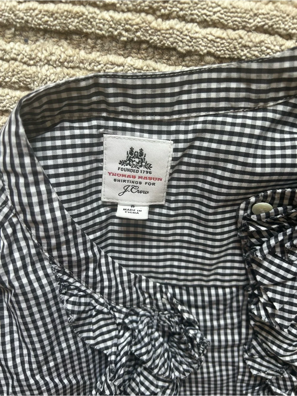 J. Crew Thomas Mason Black and White Gingham Ruffle-Front Blouse